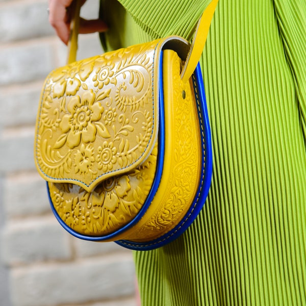 bright yellow leather crossbody purse, small leather shoulder bag with floral embossment, Ukrainian gift