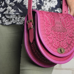 Pink leather bag, pink shoulder bag, round leather bag, pink leather purse, crossbody bag, tooled pink bag, gift for her, embossed bag