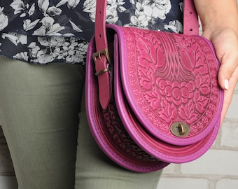 Tooled Pink Leather Crossbody Bag: Handmade Embossed Shoulder Bag
