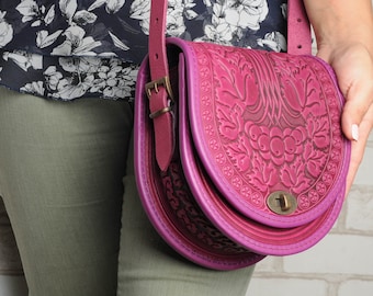 Pink leather bag, pink shoulder bag, round leather bag, pink leather purse, crossbody bag, tooled pink bag, gift for her, embossed bag