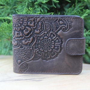 Cartera de piel suave, billetera de piel para mujer, billetera pequeña para mujer, billetera marrón oscuro, billetera con relieve, billetera de bolsillo, billetera con cierre de cremallera