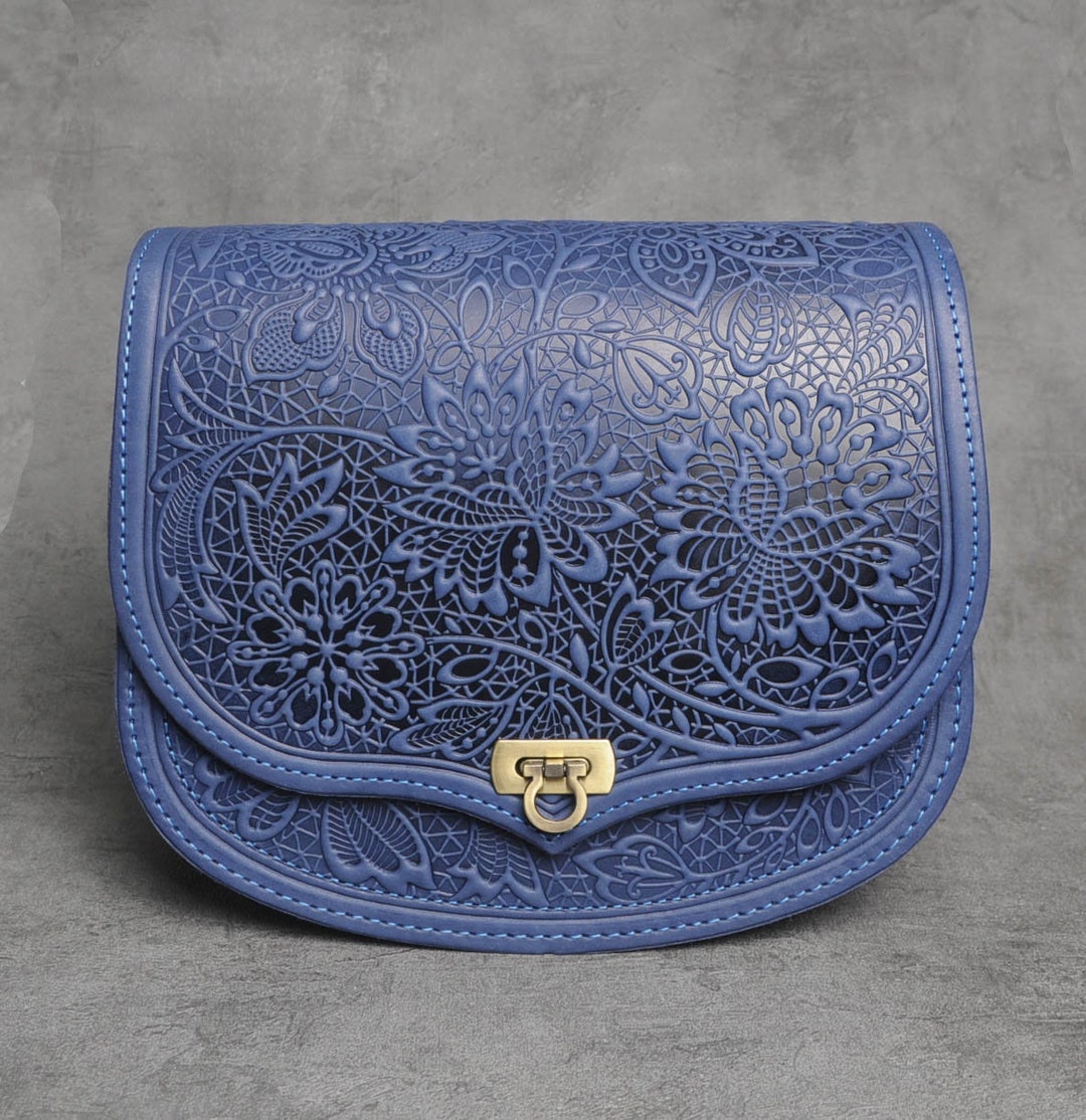 Embossed Leather Crossbody Bag: Blue Floral Messenger Purse  display picture 2