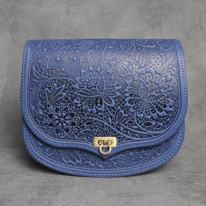 Blue messenger bag Flower, big leather purse, embossed leather purse, blue crossbody bag, blue shoulder bag, bag with flowers