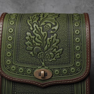 Olive leather purse, hot tooled leather, embossed leather bag, crossbody bag, shoulder leather bag, green bag, messenger bag, gift for her image 2