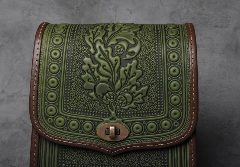 Olive leather purse, hot tooled leather, embossed leather bag, crossbody bag, shoulder leather bag, green bag, messenger bag, gift for her image 2