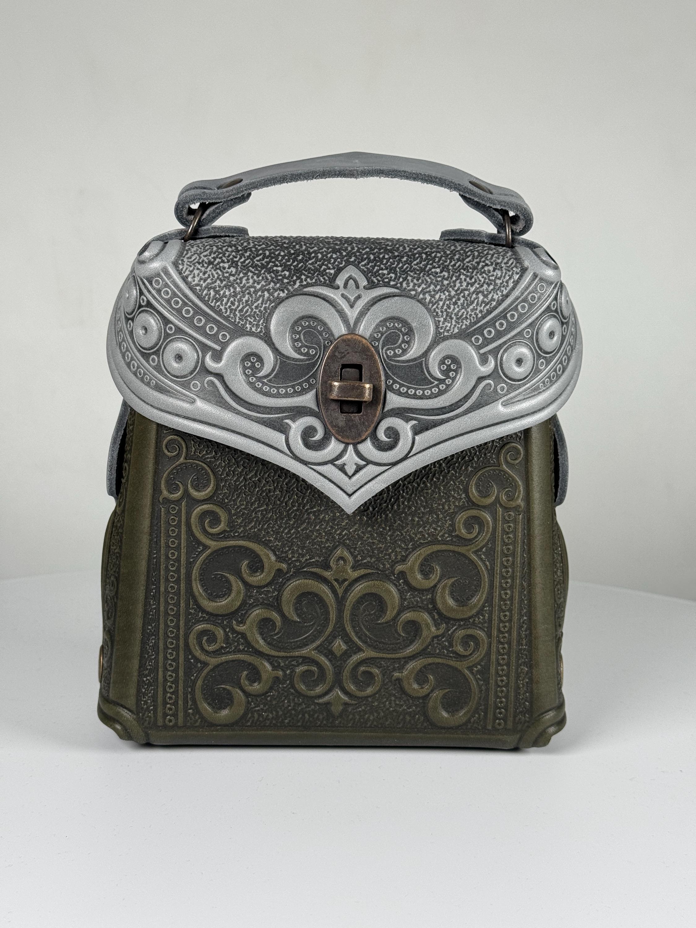 Gray and Tan Embossed Leather Backpack Tarpa | Graphite Canvas & Tan Leather Backpack | In stock  main image 4