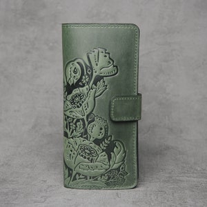 billetera de cuero verde, billetera de cuero suave, billetera con bolsillo para monedas, billetera larga para mujer, billetera clutch, billetera para mujer