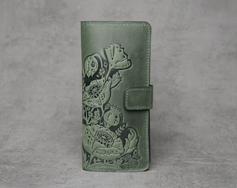 Green Leather Wallet: Embossed Floral Long Clutch