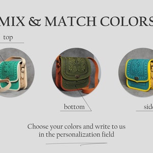 May include: Image showcasing three leather crossbody bags with different color combinations. The bags feature intricate embossed designs and adjustable straps. The text "MIX & MATCH COLORS" and instructions to personalize the color choices are also included.