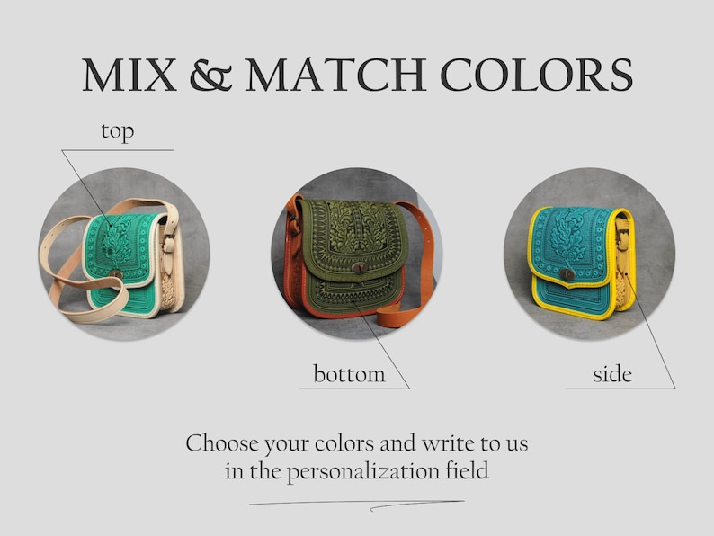May include: Image showcasing three leather crossbody bags with different color combinations. The bags feature intricate embossed designs and adjustable straps. The text "MIX & MATCH COLORS" and instructions to personalize the color choices are also included.
