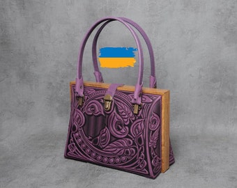 Embossed Purple Leather Evening Bag with Oak Wood Frame
