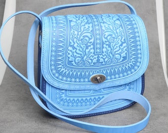 Blue messenger bag, genuine leather bag, big leather bag, tooled leather, crossbody bag, shoulder bag, capacious bag