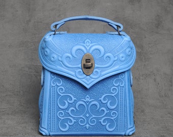 Blue leather backpack, small boho packpack, leather backpack women, embossed leather backpack, ladies backpack, unique backpack for her