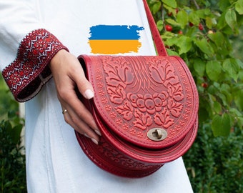 Red bag ladies, red shoulder bag, round leather bag, red leather purse, crossbody bag, tooled red bag, gift for her, embossed bag