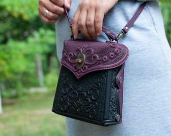 Purple/black leather backpacks, leather backpack women, boho packpack, embossed leather backpack, ladies backpack, unique backpack for her