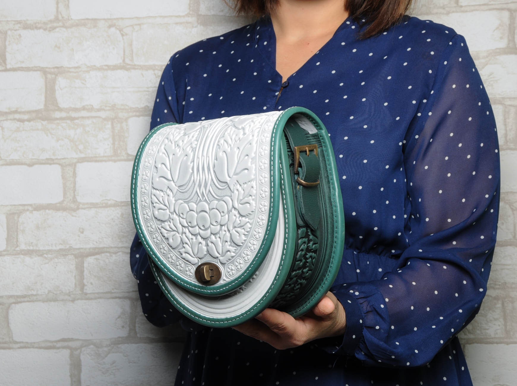 Embossed Leather Crossbody Bag: Handmade White & Green Purse