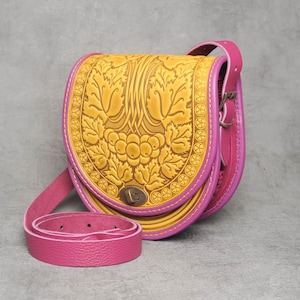 Embossed Leather Crossbody Bag: Guelder Rose, Handmade Shoulder Purse