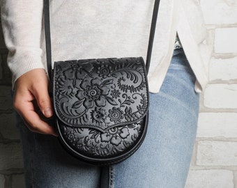 Black Leather Mini Purse: Hot Tooled Embossed Floral Shoulder Bag