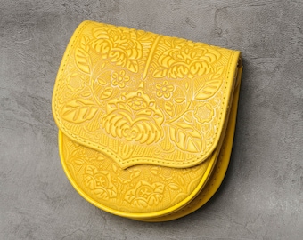 Embossed Leather Mini Purse: Yellow Hot Tooled Shoulder Bag