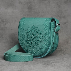 Turquoise Leather Crossbody Bag: Hot Tooled Genuine Calf Leather Purse