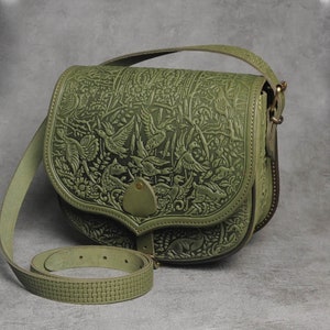 Olive messenger bag, big leather purse, hot tooled purse, olive crossbody bag, green shoulder bag, capacious leather bag, bag with animals