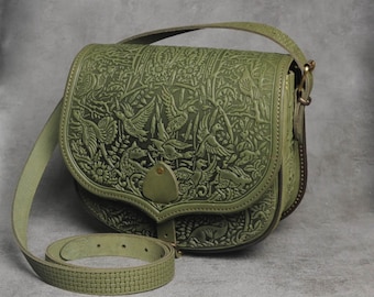 Olive messenger bag, big leather purse, hot tooled purse, olive crossbody bag, green shoulder bag, capacious leather bag, bag with animals