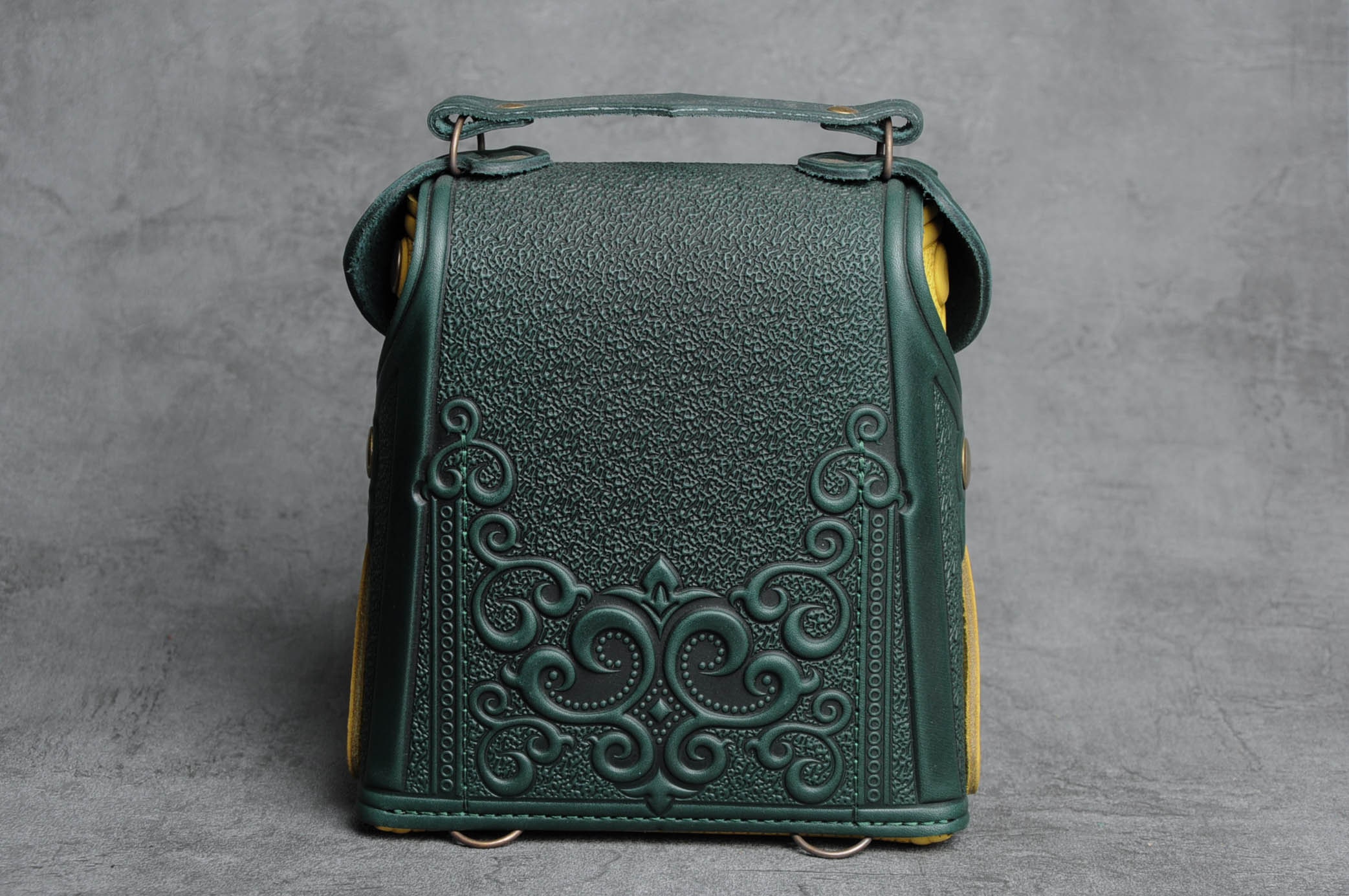 Embossed Leather Backpack: Green & Yellow Boho Rucksack - Etsy