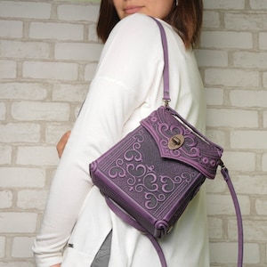 Purple Leather Backpack: Embossed Boho Convertible Bag
