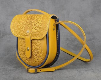 Embossed Leather Mini Purse: Yellow & Blue Shoulder Bag