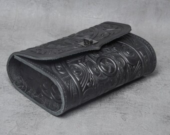 Embossed Black Leather Belt Bag: Handmade Fanny Pack