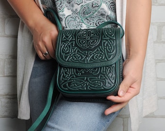 Embossed Leather Crossbody Bag: Green Hot Tooled Mini Purse