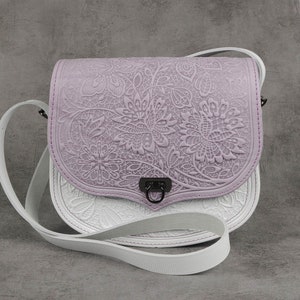 Leather embossed purse, leather crossbody bag women, lilac genuine leather shoulder bag with embossed floral pattern, elegant gift bag