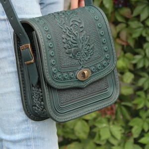 Genuine leather bag, green leather purse, embossed leather bag, crossbody bag, shoulder leather bag, green bag, messenger bag, gift for her