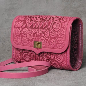 Embossed Pink Leather Belt Bag: Floral Fanny Pack Purse
