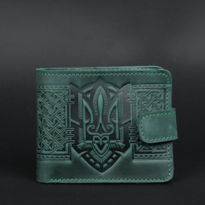 Teal leather small genuine leather wallet with embossed Trident, slim bifold leather wallet