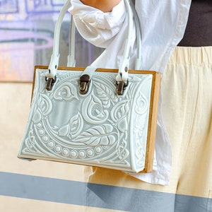 Evening purse, leather purse with wooden frame, white leather bag, extraordinary purse for her, white evening bag