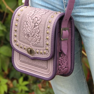 Handmade Lilac Leather Crossbody Bag: Embossed Oak Leaves, Rivets
