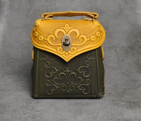 Embossed Leather Backpack: Olive & Yellow Boho Rucksack - Etsy display picture 3