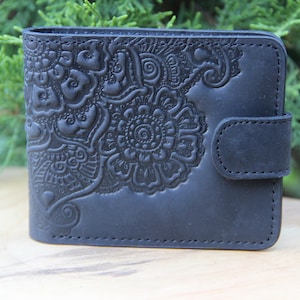 Billetera de cuero suave, billetera de cuero negro, billetera grabada, billetera de bolsillo, billetera única damas, billetera pequeña de mujer, billetera de cuero