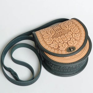 Embossed Leather Crossbody Bag: Handmade Beige Round Purse