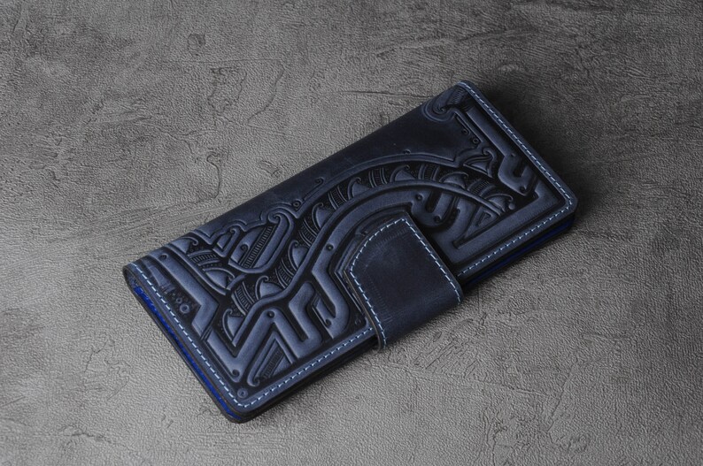 Cartera de cuero azul, Cartera de cuero suave, Cartera con bolsillo para monedas, Cartera unisex, Cartera de cuero auténtico, Cartera de mano, Cartera de mujer imagen 3