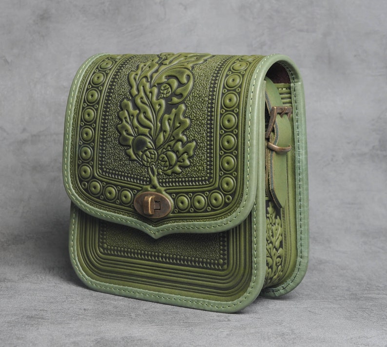 Olive leather purse, hot tooled leather, embossed leather bag, crossbody bag, shoulder leather bag, green bag, messenger bag, gift for her image 2