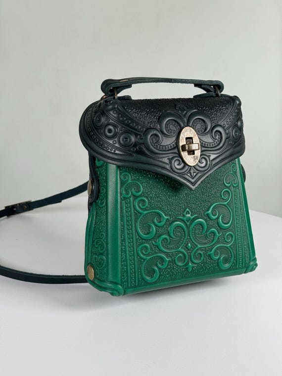 Embossed Green Leather Backpack: Convertible Shoulder Bag 