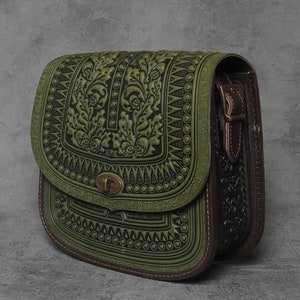 Olive Messenger Bag, Genuine Leather Green Bag, Big Leather Bag, Tooled ...