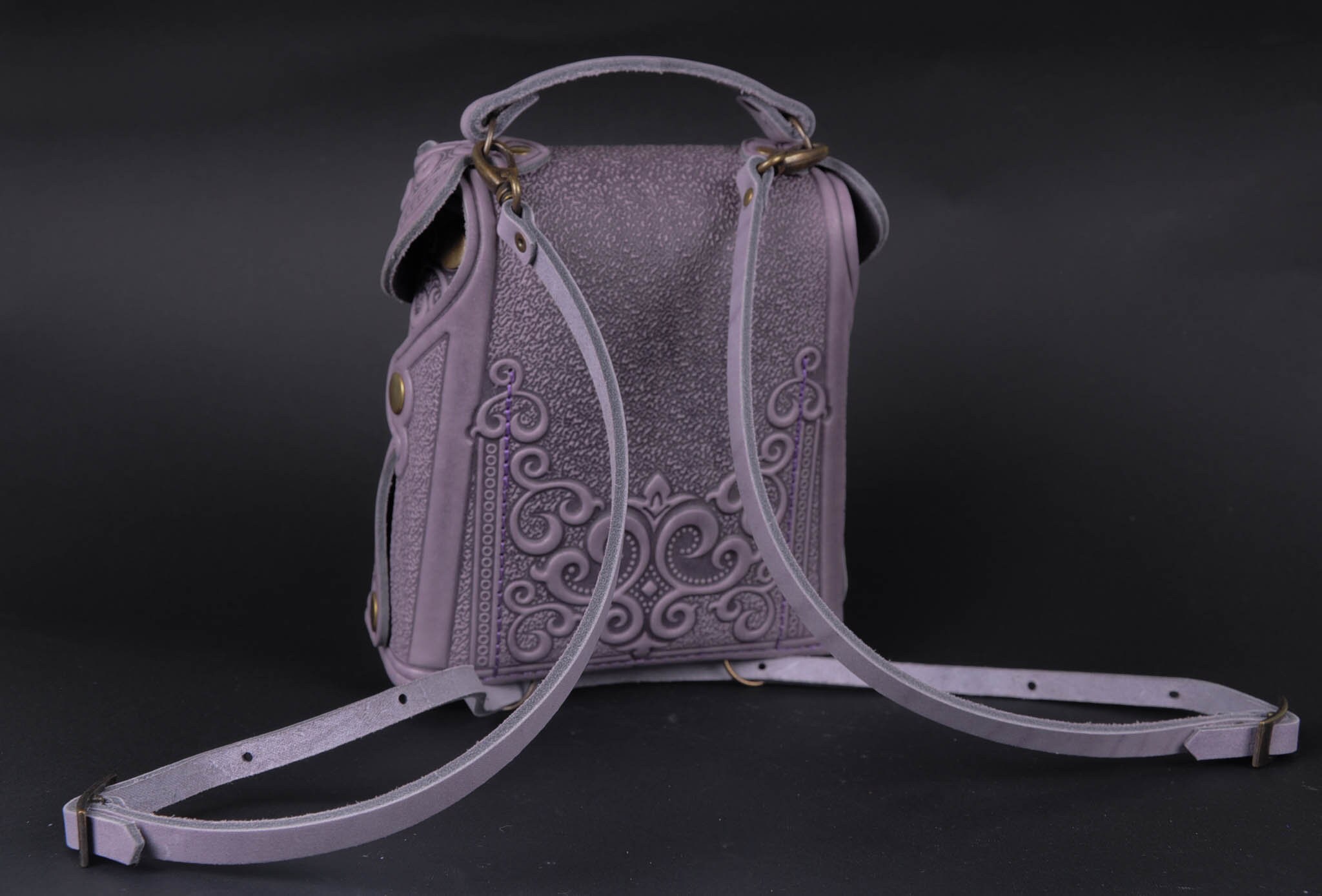 Embossed Lilac Leather Backpack: Handmade Boho Rucksack - Etsy display picture 1