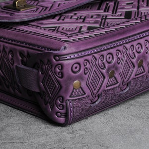 Purple leather satchel bag, genuine leather bag, embossed leather bag, leather brief case, crossbody bag, shoulder bag, capacious bag image 5