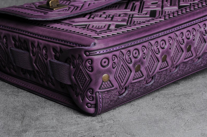 Purple leather satchel bag, genuine leather bag, embossed leather bag, leather brief case, crossbody bag, shoulder bag, capacious bag image 5