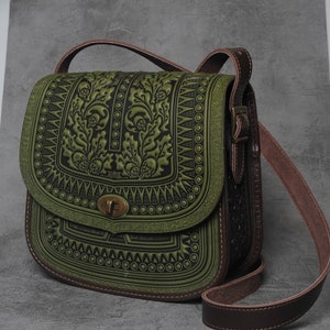 Genuine leather green bag, big leather bag, olive messenger bag, tooled leather, crossbody bag, shoulder bag, capacious bag