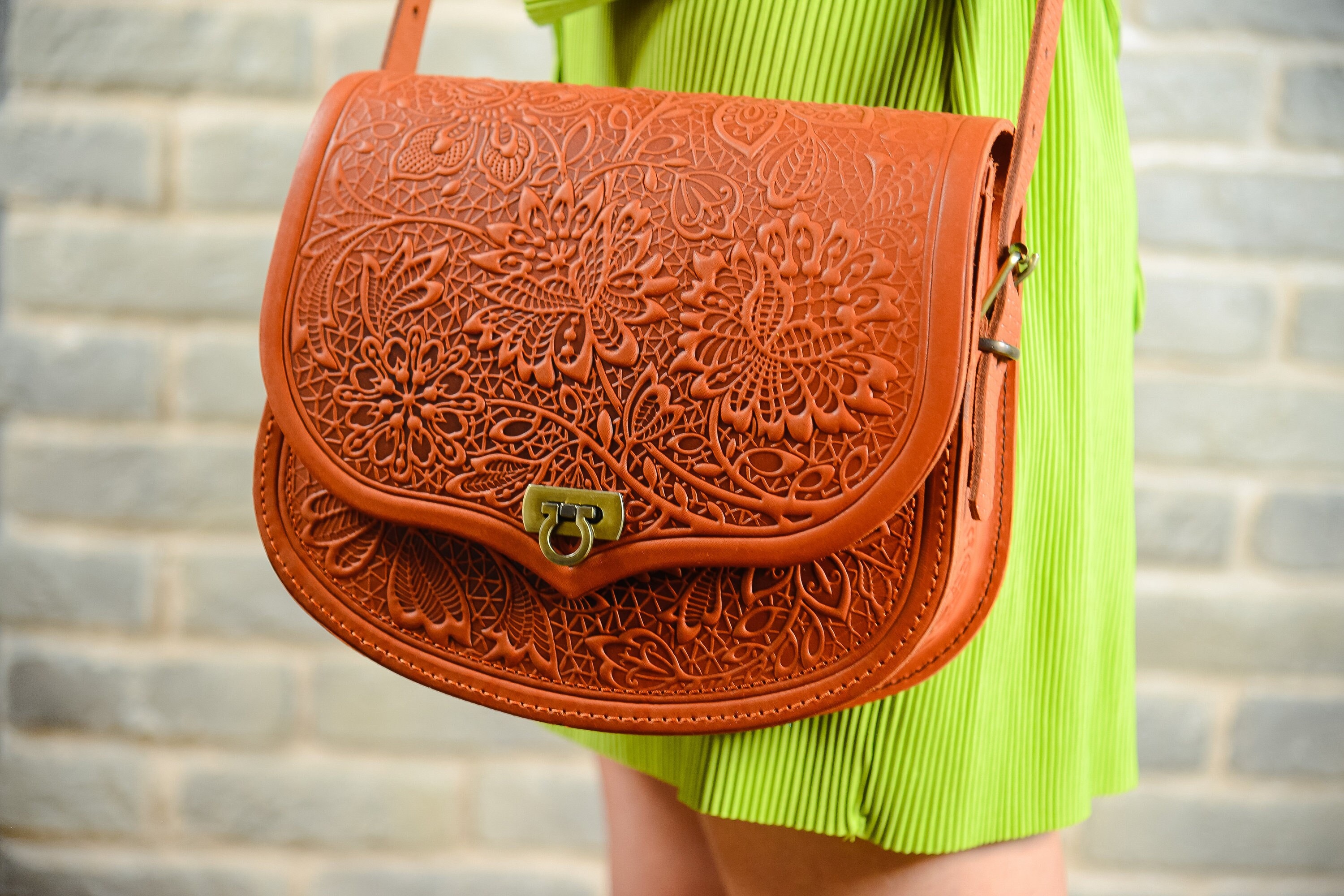 Orange Genuine Leather Shoulder Bag With Embossed Floral