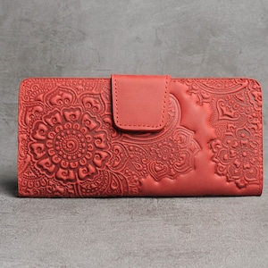 Cartera roja mujer, cartera de cuero rojo, cartera de cuero suave, cartera con bolsillo para monedas, cartera de grano completo, cartera de embrague, cartera de mujer